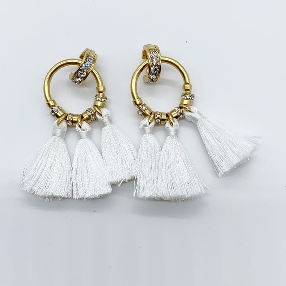 J. Crew Crystal Pave White Tassel Earrings - Picture 2 of 7